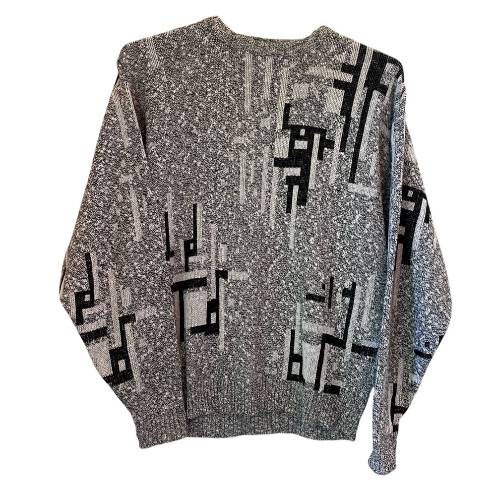 Le Tigre‎ VTG Grandpa Sweater 80s 90s Black White Cosby Geometric Knit Large USA